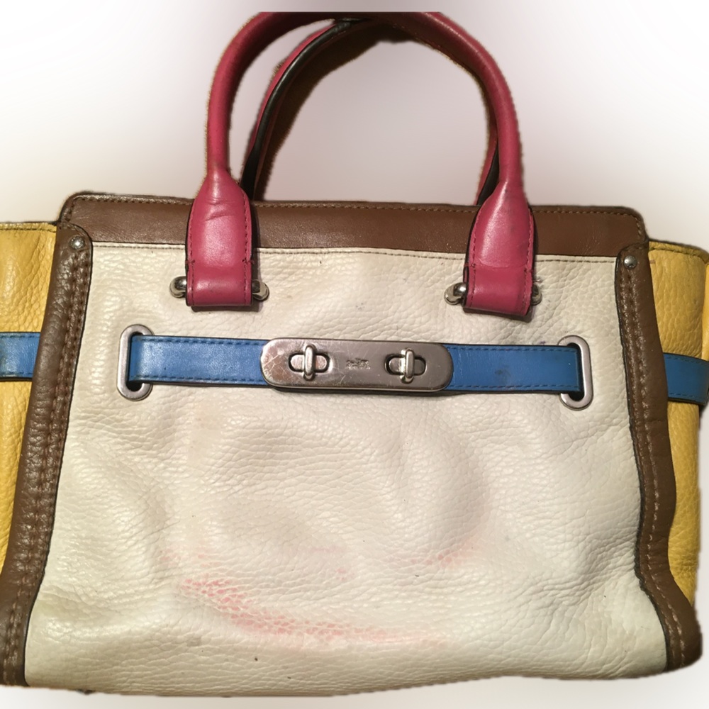 Coach Swagger 27 Carryall Rainbow Colorblock Color Satchel Handbag Purse AS IS